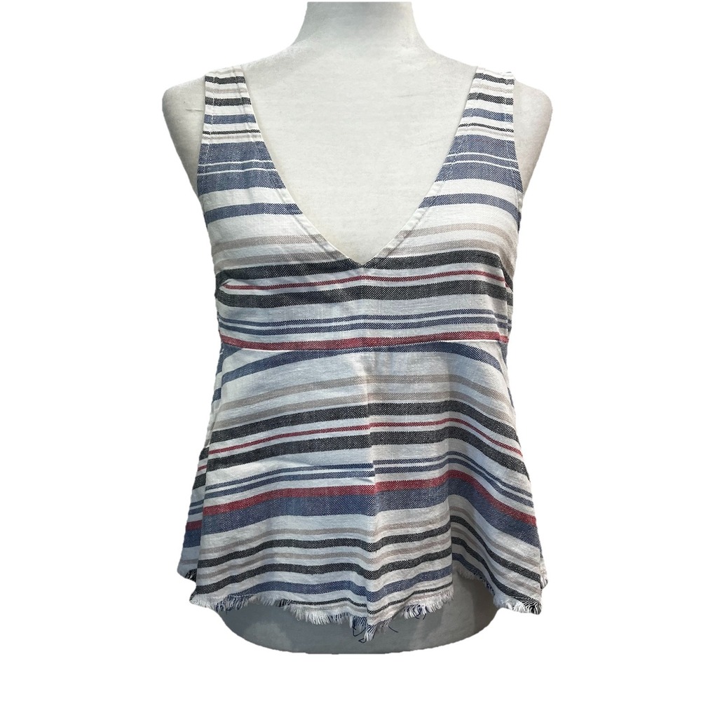 Zara Denim Couture Small Striped Sleeveless Crop Tank Summer Raw Hem V‎ Neck